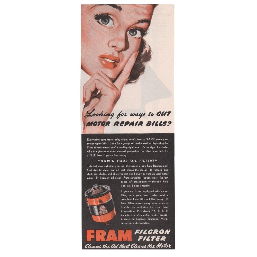 Fram Filcron Oil Filter Advertisement Vintage 1950 Car Automobilia Petroliana